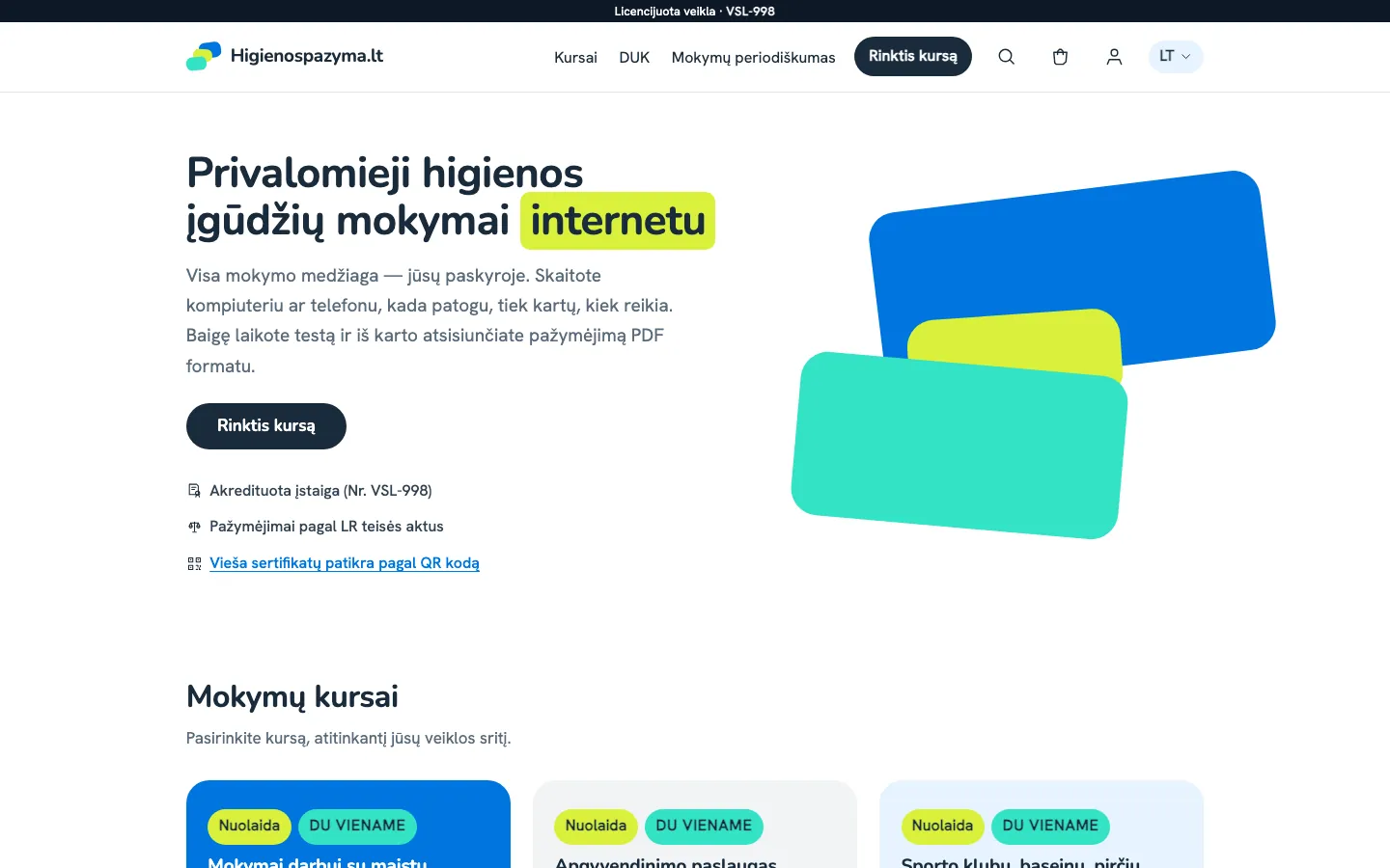 Higienospazyma.lt pradžia kompiuteryje: „Privalomieji higienos įgūdžių mokymai internetu“ ir mygtukas „Rinktis kursą“