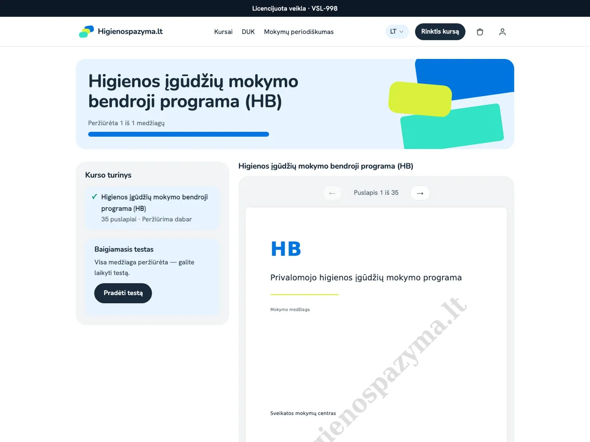 Mokymosi vieta: kurso medžiaga, peržiūros progresas ir baigiamojo testo kortelė
