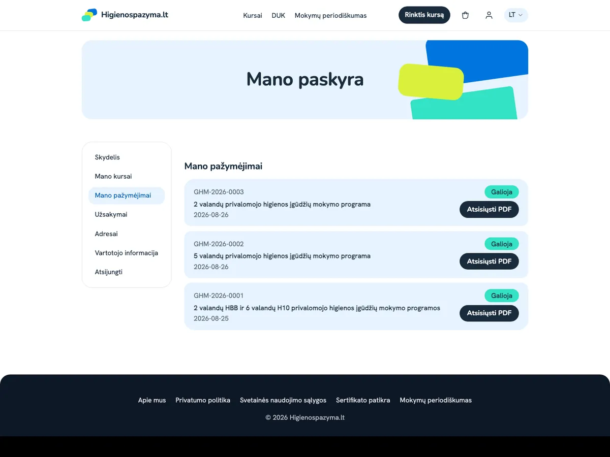 Mano paskyra - išduoti pažymėjimai su galiojimo būsena ir PDF atsisiuntimu