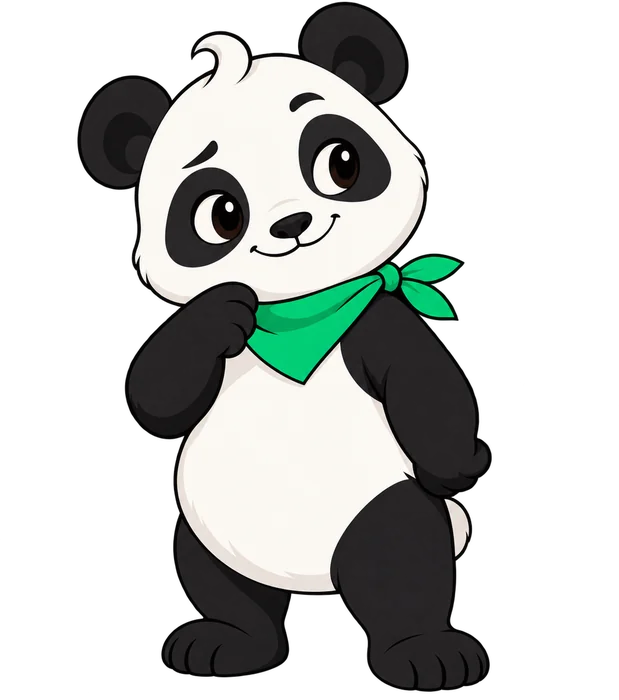 Panda - juodai balta panda su ryškiai žalia skarele, ranka prie smakro, smalsiai šypsosi