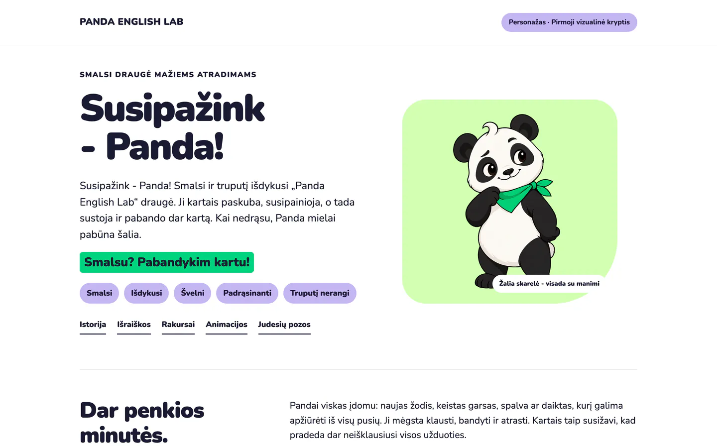 Pandos pristatymo pirmas ekranas kompiuteryje: antraštė „Susipažink - Panda!“ ir Panda su žalia skarele ant šviesiai žalio fono