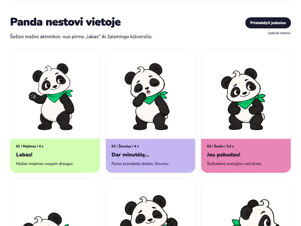 Pristatymo skiltis „Panda nestovi vietoje“ - animacijų kortelės