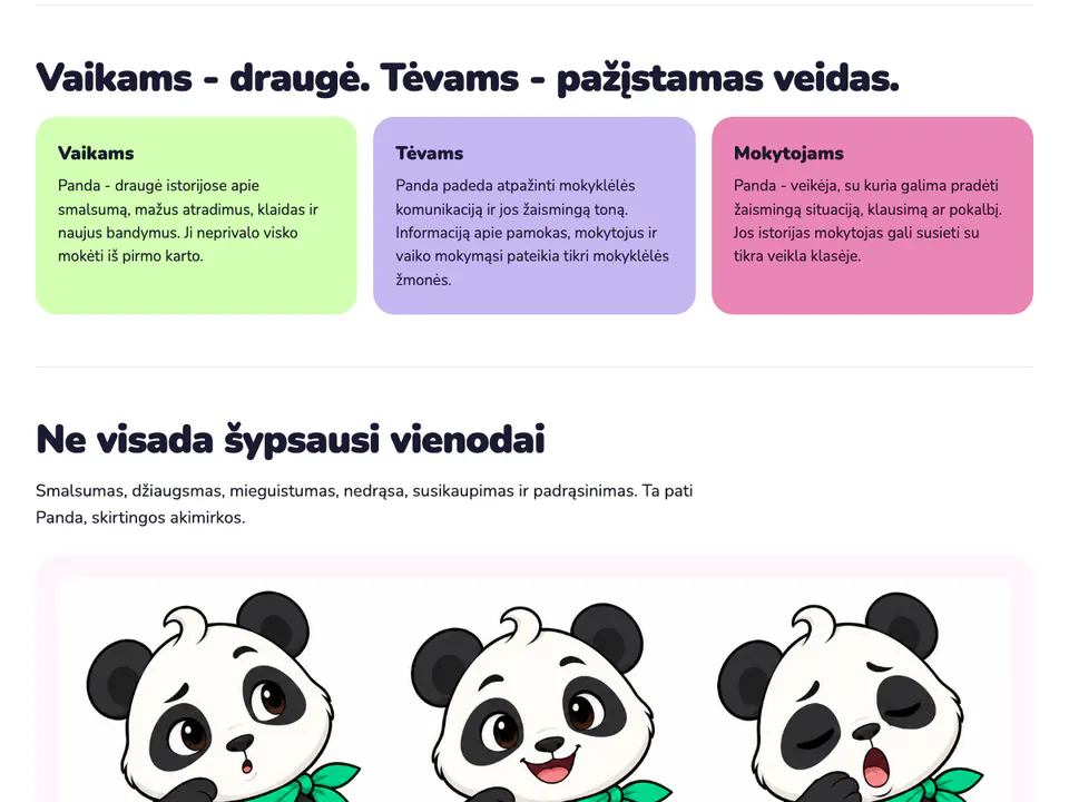 Pristatymo skiltis „Vaikams - draugė. Tėvams - pažįstamas veidas.“ ir Pandos išraiškos