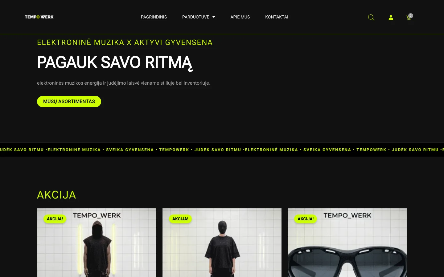 Tempo Werk pradžia: „Elektroninė muzika x aktyvi gyvensena“, „Pagauk savo ritmą“, juoda su citrusine, apačioje - akcijos prekės baltų plytelių kambaryje