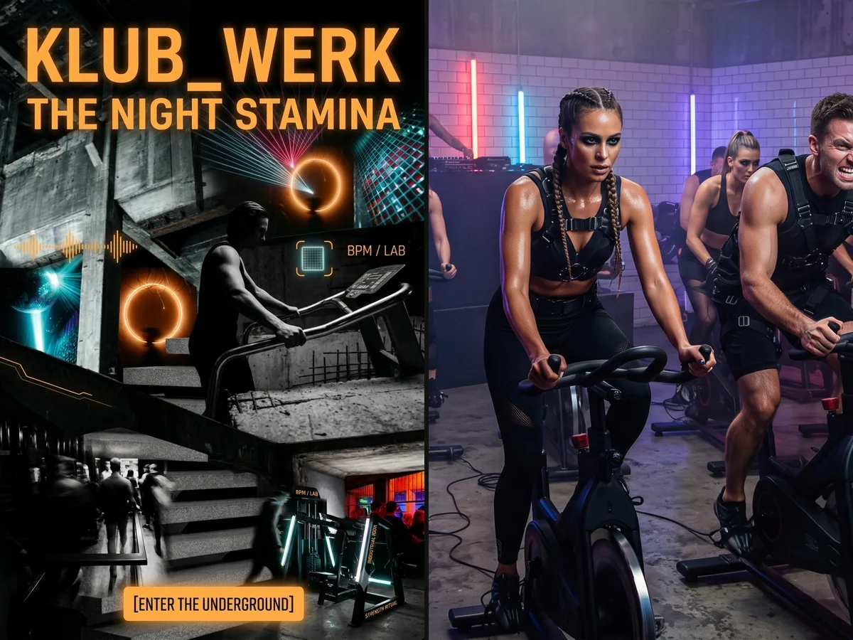 Plakatas „KLUB_WERK - The Night Stamina“ ir treniruotė ant dviračių techno klube su neoninėmis lempomis