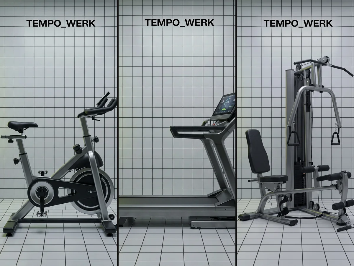 Trys treniruokliai tame pačiame baltų plytelių kambaryje su geltona neonine lempa ir užrašu TEMPO_WERK
